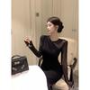 Retro Sexy Royal Sister Black Temperament Mesh Knitted Dress Women's Autumn Waist and Thin Long-sleeved Hip-wrapped Dress