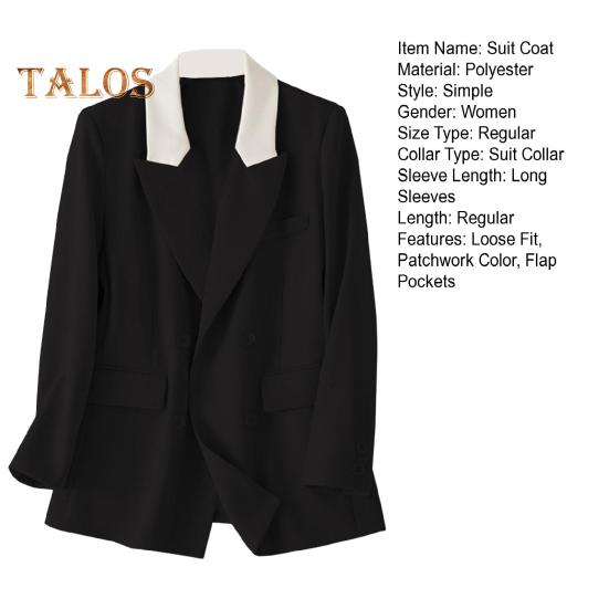 Damen Casual Anzug Mantel Revers Langarm Patchwork Farbe Anzugjacke Zweireihig Klappentaschen Loose Fit Bürodame Oberbekleidung