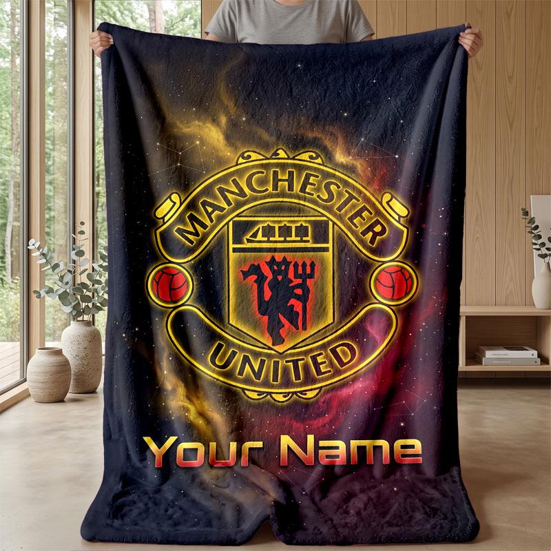 Coperta in Flanella Personalizzata con Nome Testo Manchester United Logo Calcio Plaid in Pile Personalizzato Regalo Speciale per Divano Camera da Letto Casa