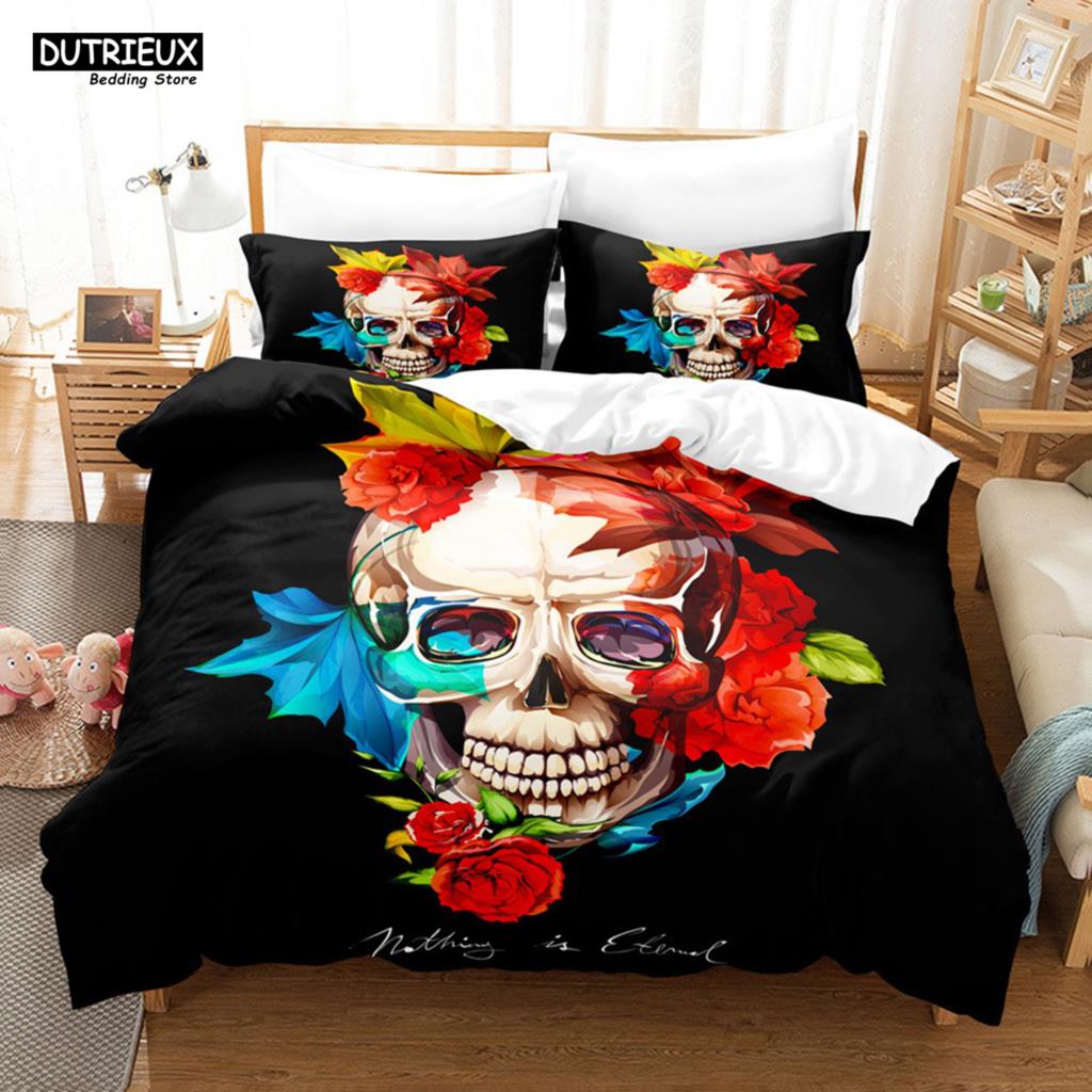 Skelett Totenkopf Bettwäsche Set 2/3 Teile Queen King Full Size Bettbezug Set Mit Kissenbezügen Rose Blume Bettwäsche Für Erwachsene Jugendliche