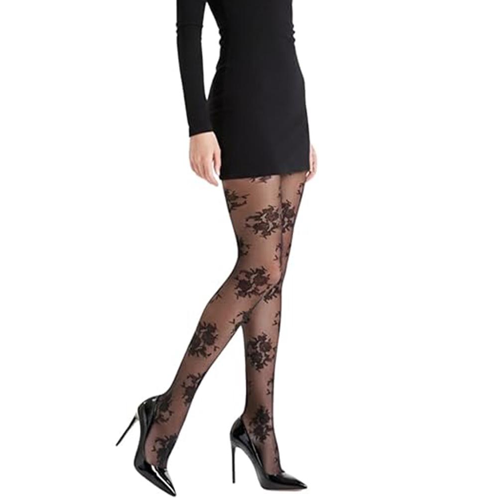 Vintage Rose Schwarz Weiß Strümpfe Damen Durchsichtig Floralmuster Strumpfhosen Floral Jacquard Strumpfhosen Anti-Haken Netz Weiche Strümpfe