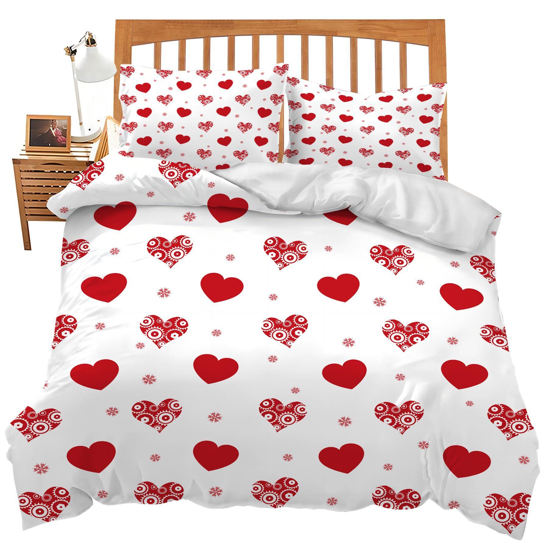 

Набір постільної білизни з 3 предметів із застібкою-блискавкою Червоне серце Підодія Королева Візерунок Серце кохання Білий Набір чохлів для ковдри Милий принт AU Single(140x210cm)