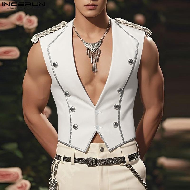 INCERUN Men V Neck Sleeveless Frills Buttons Irregular Casual Tank Tops Waistcoat