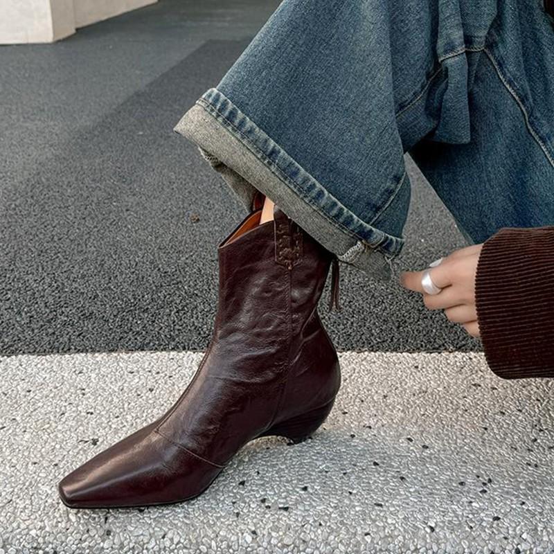 

Версия из коровьей кожи~ осенне-зимние новые ботильоны на танкетке с квадратным носком в стиле ретро с плиссировкой, универсальные ковбойские ботинки на толстом каблуке с задней молнией, женские 40 коричневый