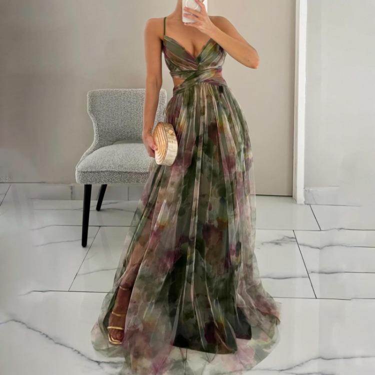 Summer V Neck Casual Party Dress Women Mesh Printed Suspender Holiday Dress S