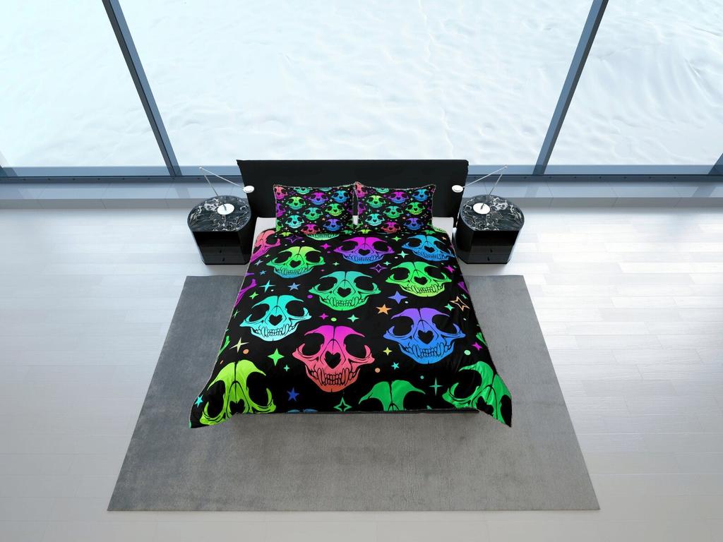Neon Skull Duvet Cover Set, Gothic Bedroom Set, Aesthetic Dorm Bedding, Colorful Quilt Cover, Halloween Bedspread, Custom Size Bedding