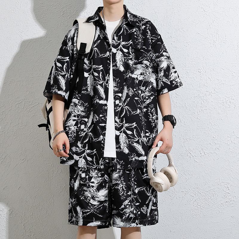 Hawaii Floral Men's Short Sleeve Loose Beach Shirt Set - Retro Hong Kong Style Trendy Cool Jacket