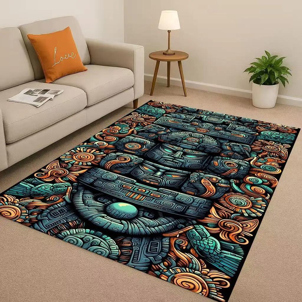 Retro Aztec Totem Maya Mask Sun God Living Room Non-Slip Area Rug Soft Carpet For Bedroom Sofa , Easy Clean Home Doormat Playmat