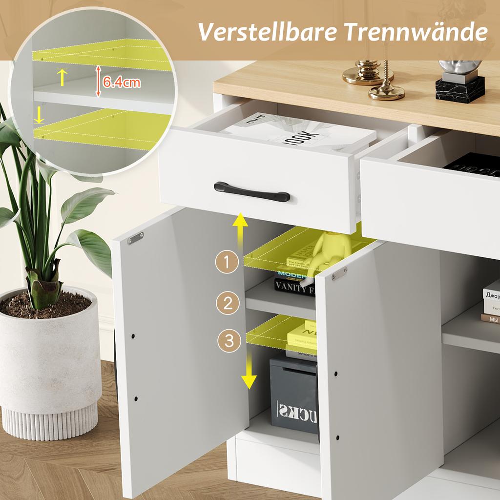 Modernes weißes Sideboard, Multifunktionaler Holzschrank, Wohn- und Esszimmerschrank, Weißes Sideboard mit Dekoration