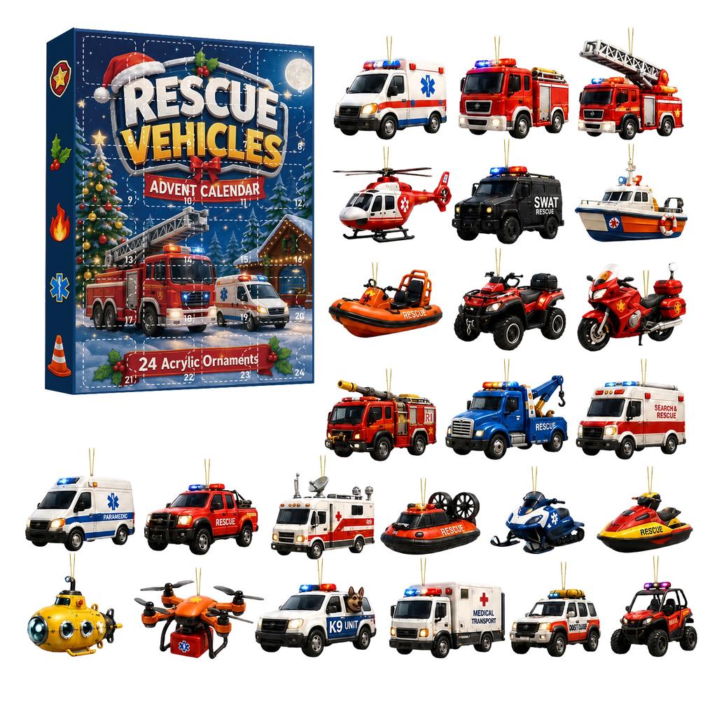 2026 Christmas Countdown Calenda, 24 Rescue Vehicle Christmas Car Ornament,Holiday Gift for Christmas