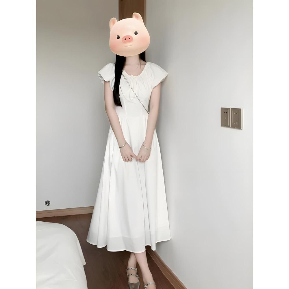 White dress girl new summer small temperament princess fairy waist long dress looks thin