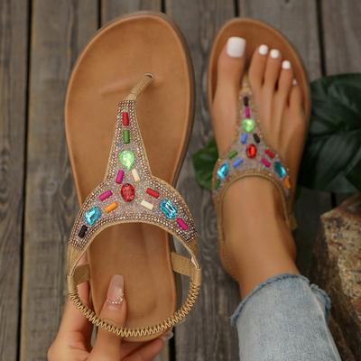 Sommer Bohemian Sandalen mit Perlen für Damen zum Hineinschlüpfen Komfort Zehensteg Römische Flache Absätze Rutschfest Strand Sandalen für Damen Sandalias Mujer