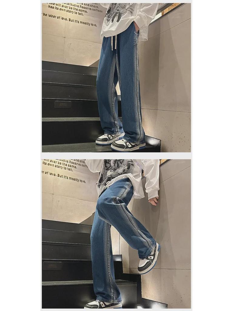 Męskie jesienno-zimowe koreańskie luźne jeansy casual z szerokimi nogawkami