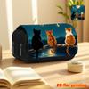 Moonlit Night Cat 2D Print Double Layer Flap Black Pencil Case - Back To School Essential Pencil Box, Daily Multi-Functional Cosmetic Bag, Large Capac