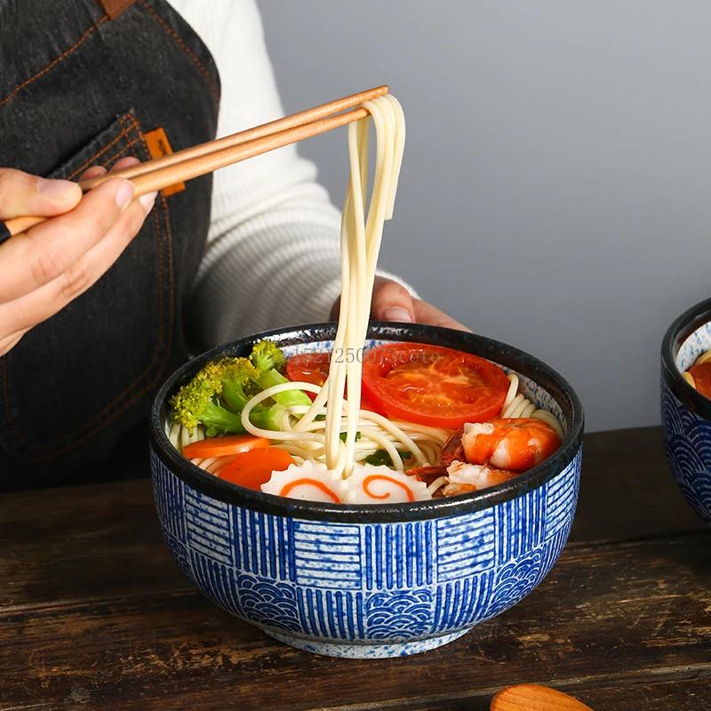 6.1-inch Japanese style minimalist wave patterned ceramic bowl Hand painted household Lamian Noodles bowl Large rice bowl