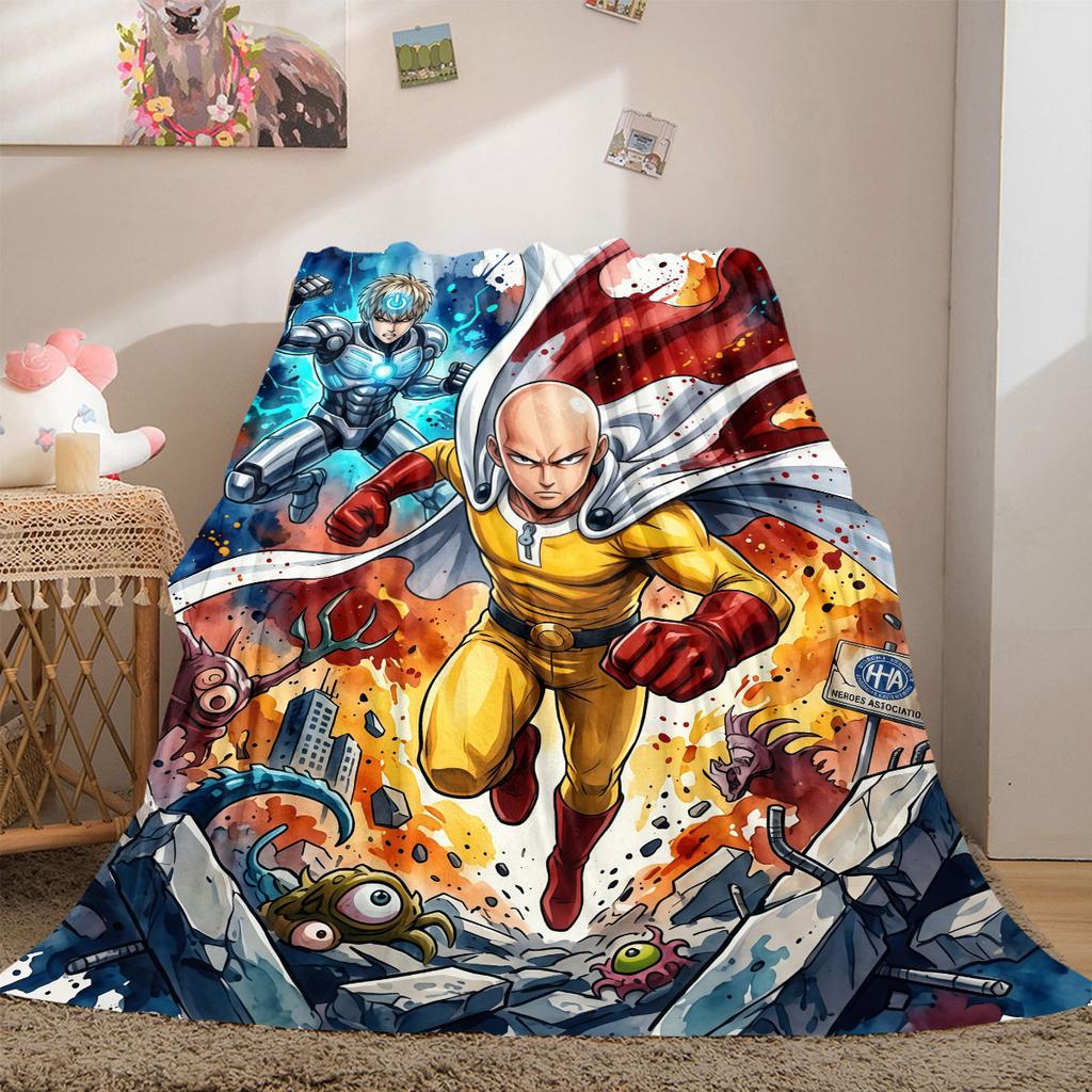 One Punch Man Stylish 2D Cartoon Flannel Blanket, Printed Decor for Sofa, Soft Bedding Travel Picnic Rug_LIAN