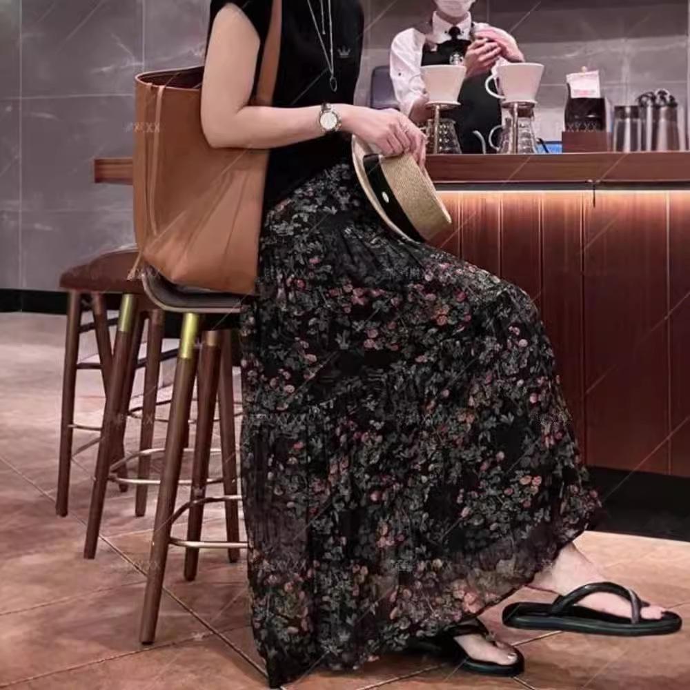 French Pleated Floral Midi Skirt - Women's Slimming High Waist A-Line