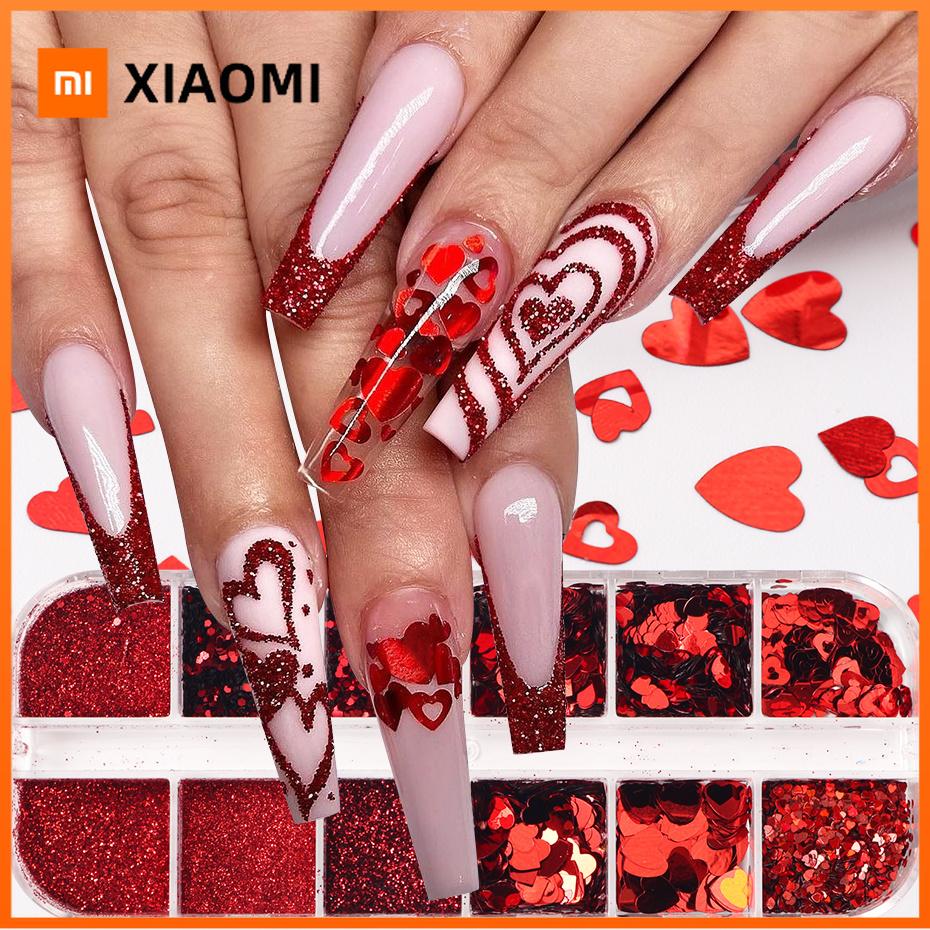 Xiaomi 12 Grids Red Reflective Nail Glitter Sequins Sugar Nail Powder Mixed Heart-shaped Sequins Design for Valentine's Day Nail Decor