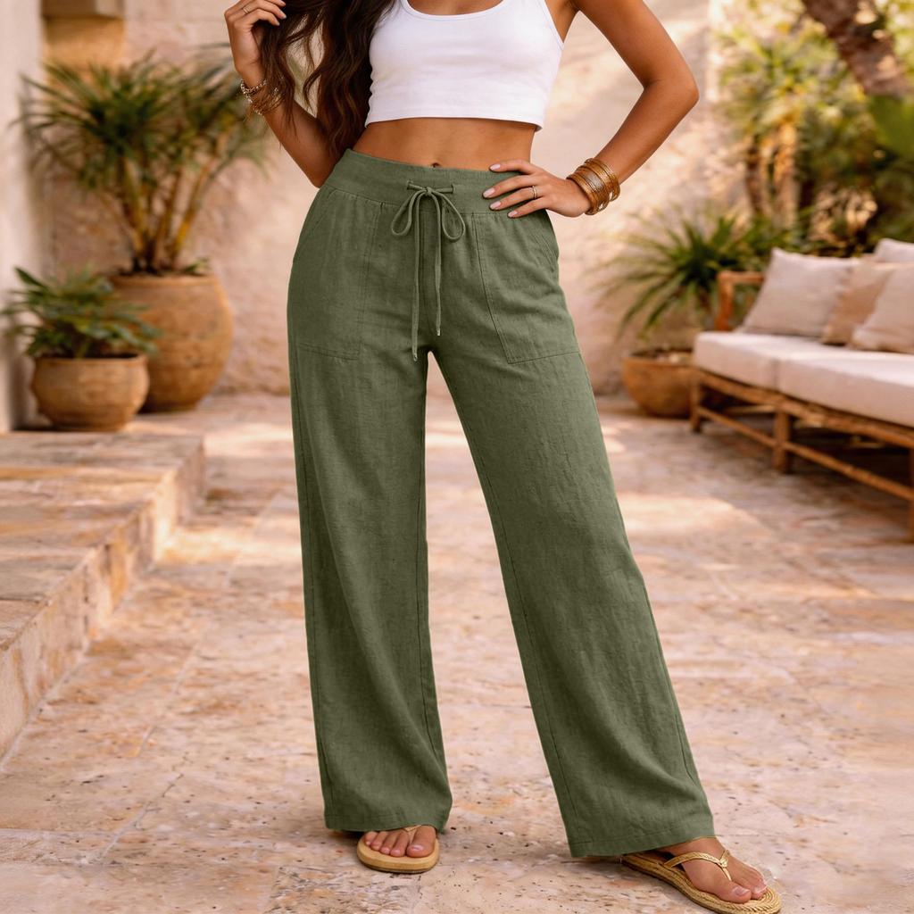 Women Casual Loose Fit High Waist Drawstring Straight Leg Wide Leg Pants Lightweight Relaxed Trousers for Daily Wear