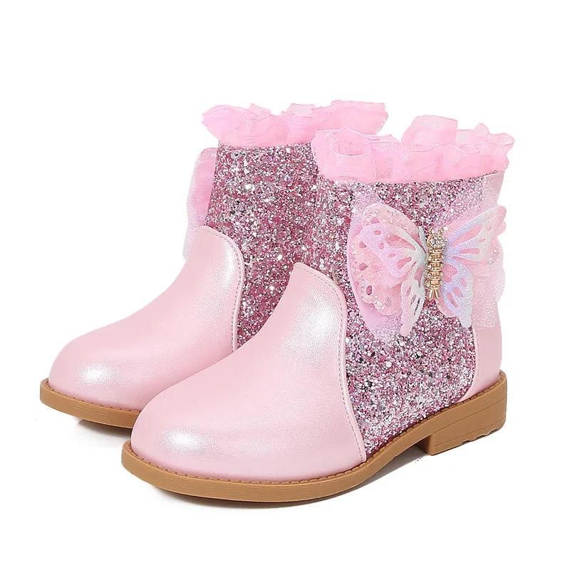 

Новые модные зимние сапоги принцессы для девочек, роскошные детские зимние сапоги с блестками, милые элегантные детские повседневные кружевные ботильоны, универсальные 25 розовый