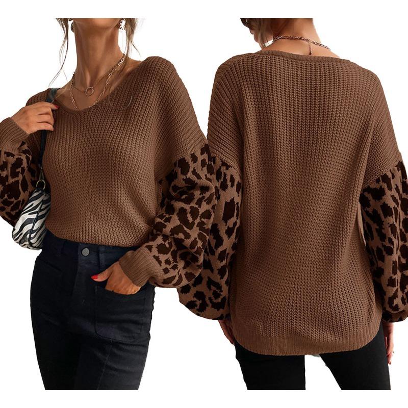 V Neck Loose Long Sleeve Leopard Print Knit Sweater For Women