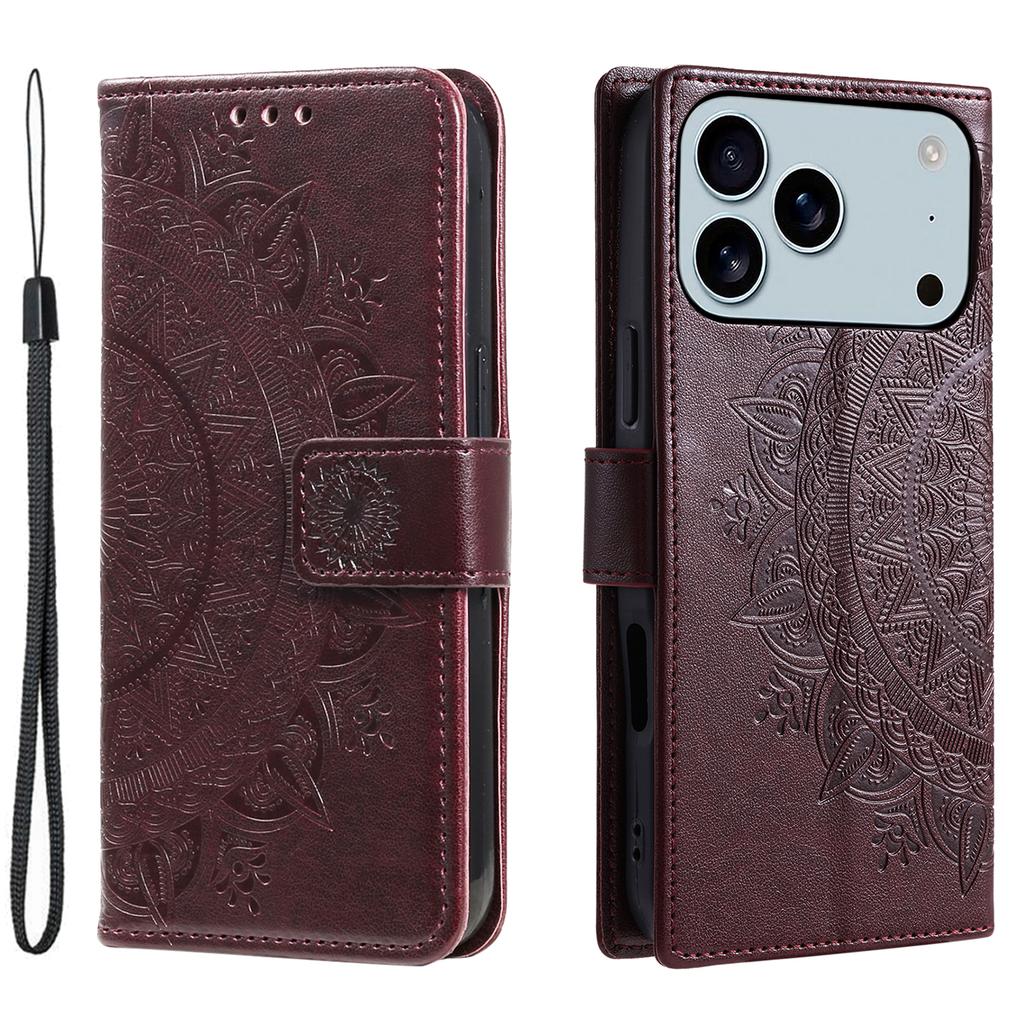 For iPhone 17 Pro Max Stand Case Imprinted Totem PU Leather Wallet Phone Cover with Wrist Strap