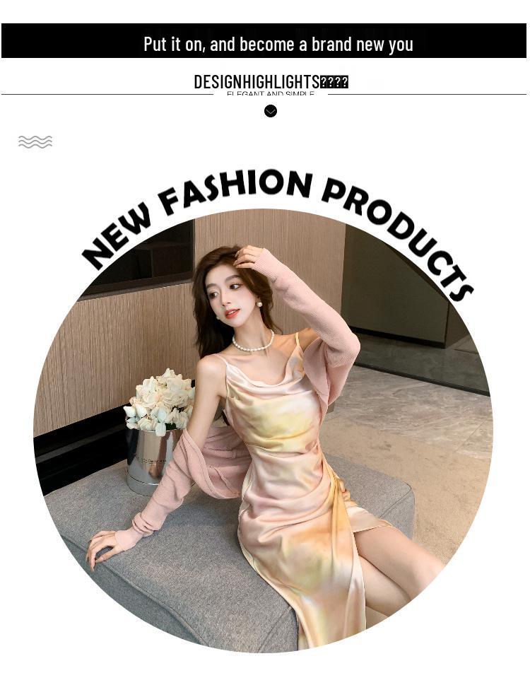 In-Stock French Cowl Neck Satin Print Spaghetti Strap Summer Dress