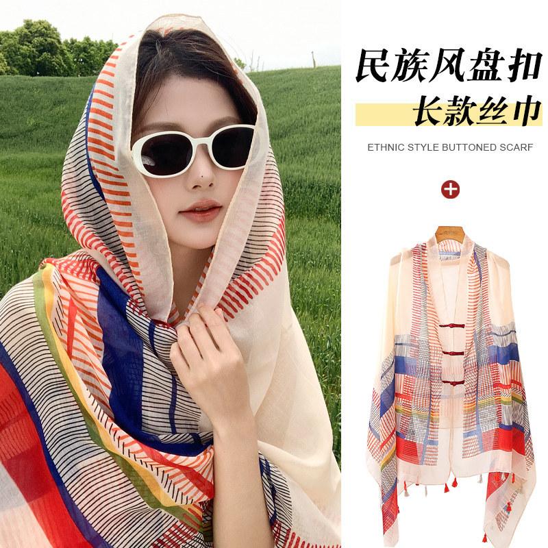 Small fresh white floral silk scarf women's summer travel buckle sunscreen large shawl beach towel thin yarn scarf scarf