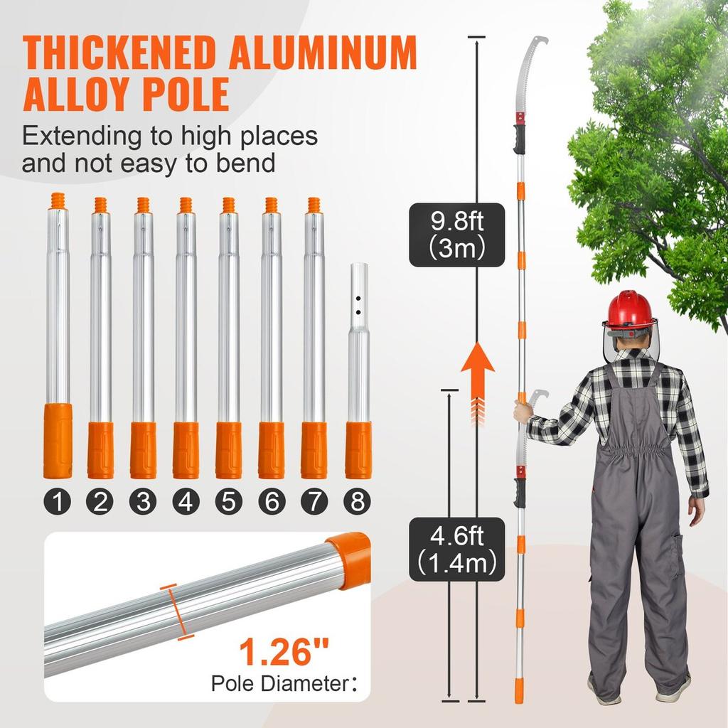 Manual Pole Saw,4.6-9.8 Ft Extendable Tree Pruner, Sharp Steel Blade for High Branches Trimming, Manual Branch Trimmer with Lightweight Aluminum Alloy