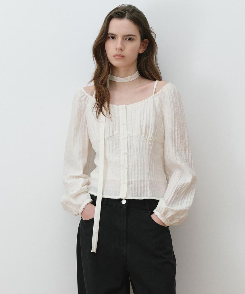 ROLAROLA Sheer Off Shoulder Tie Blouse Ivory