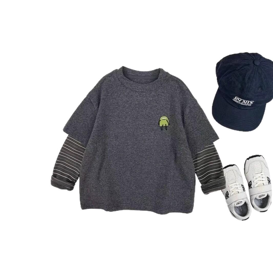 

New Mung Bean Little Monster Hoodie - Unisex Two-Piece Fake, Spring/Autumn Casual Long Sleeve Top 90 (Height 80-90 cm) темно-серого