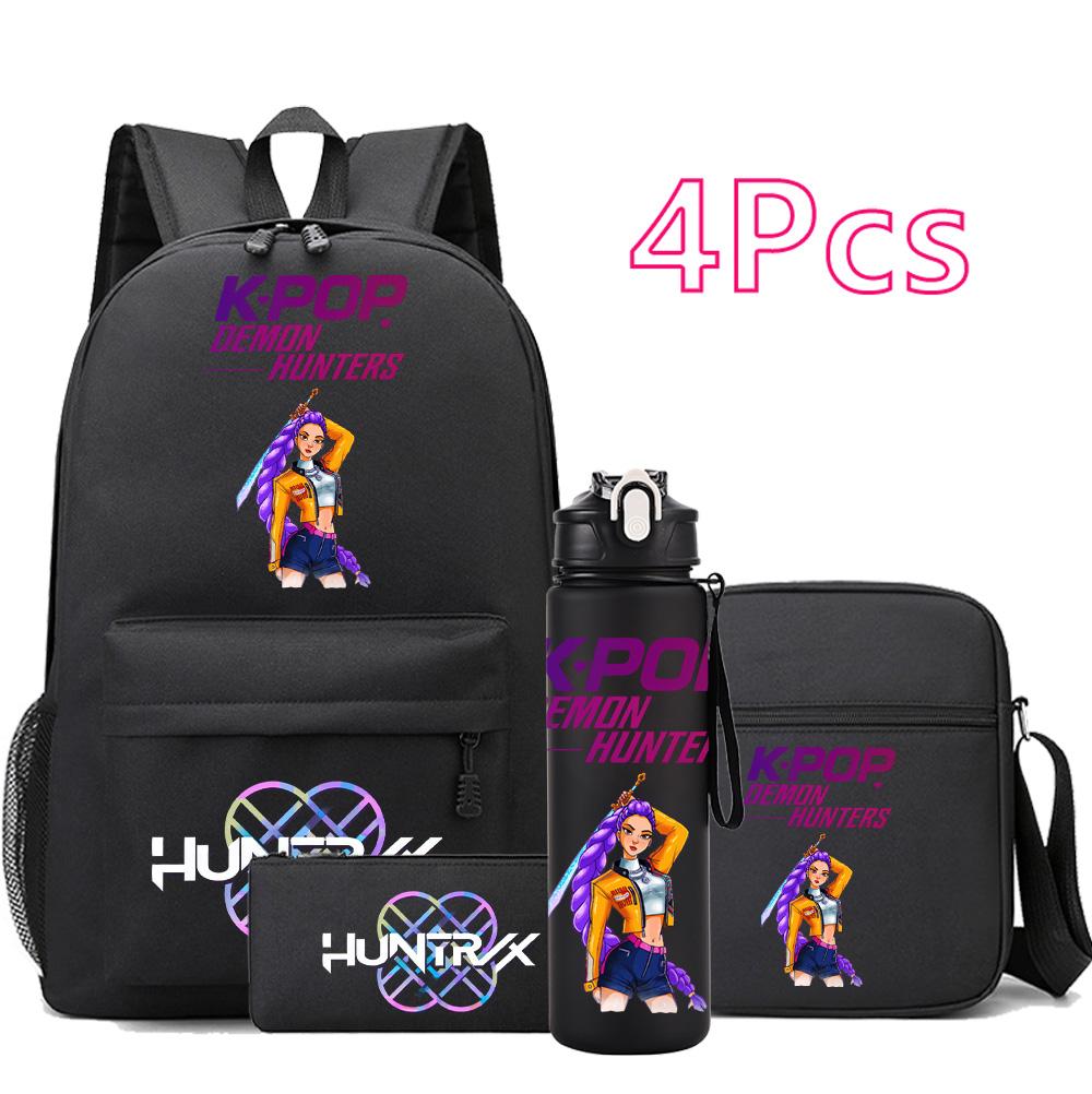 4Pcs/set Anime Cartoon K-Pop Printed Backpack with 750Ml Water Bottler for Teenager Student Girl Boy Bookbag Kid Gift Large Capacity Travel Bag