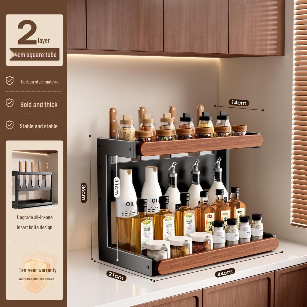 Retro Solid Wood Multi-Functional Kitchen Rack: Seasoning Storage, Jar and Bottle Holder, Knife Organizer.