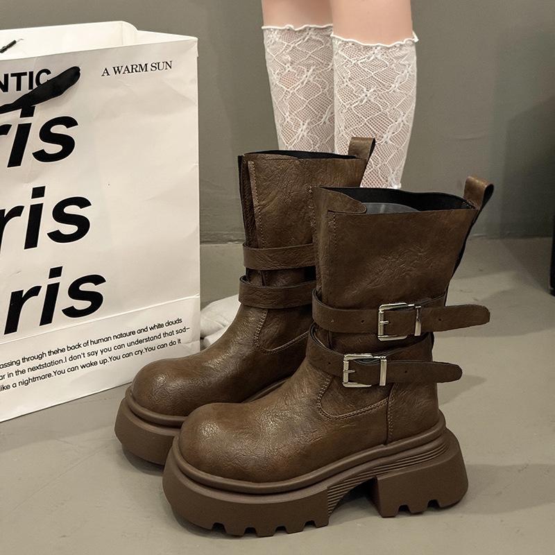 

Британский стиль платформа модные ботинки женские 2025 новые корейская версия пряжка ремня модные ботинки Мартин нишевый дизайн полусапоги 42 хаки