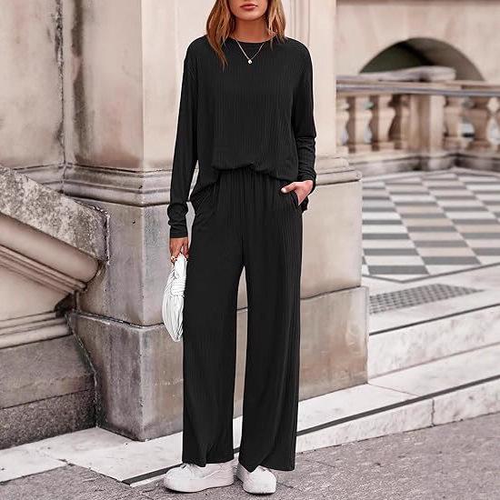 Women's Autumn 2-Piece Set: Long Sleeve Ribbed Knit Top & Wide Leg Pants - Casual & Postpartum Wear