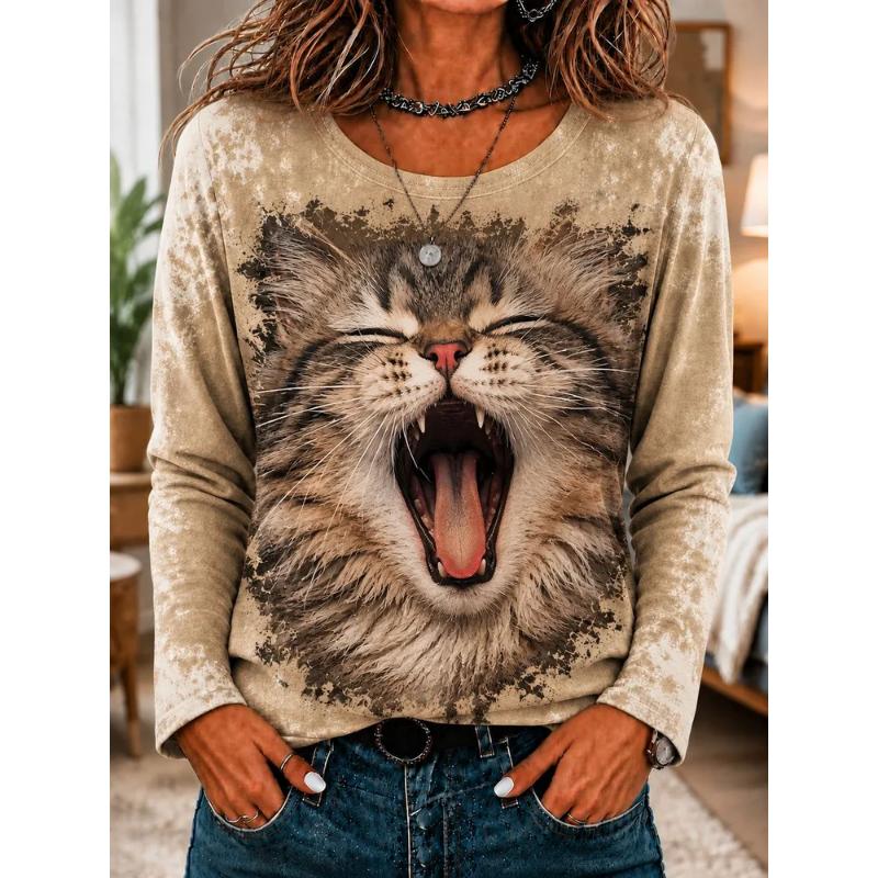 Fashion Women's Crew Neck Long Sleeve 3D Casual Color Printing Casual Long Sleeve Crew Neck T-Shirt
