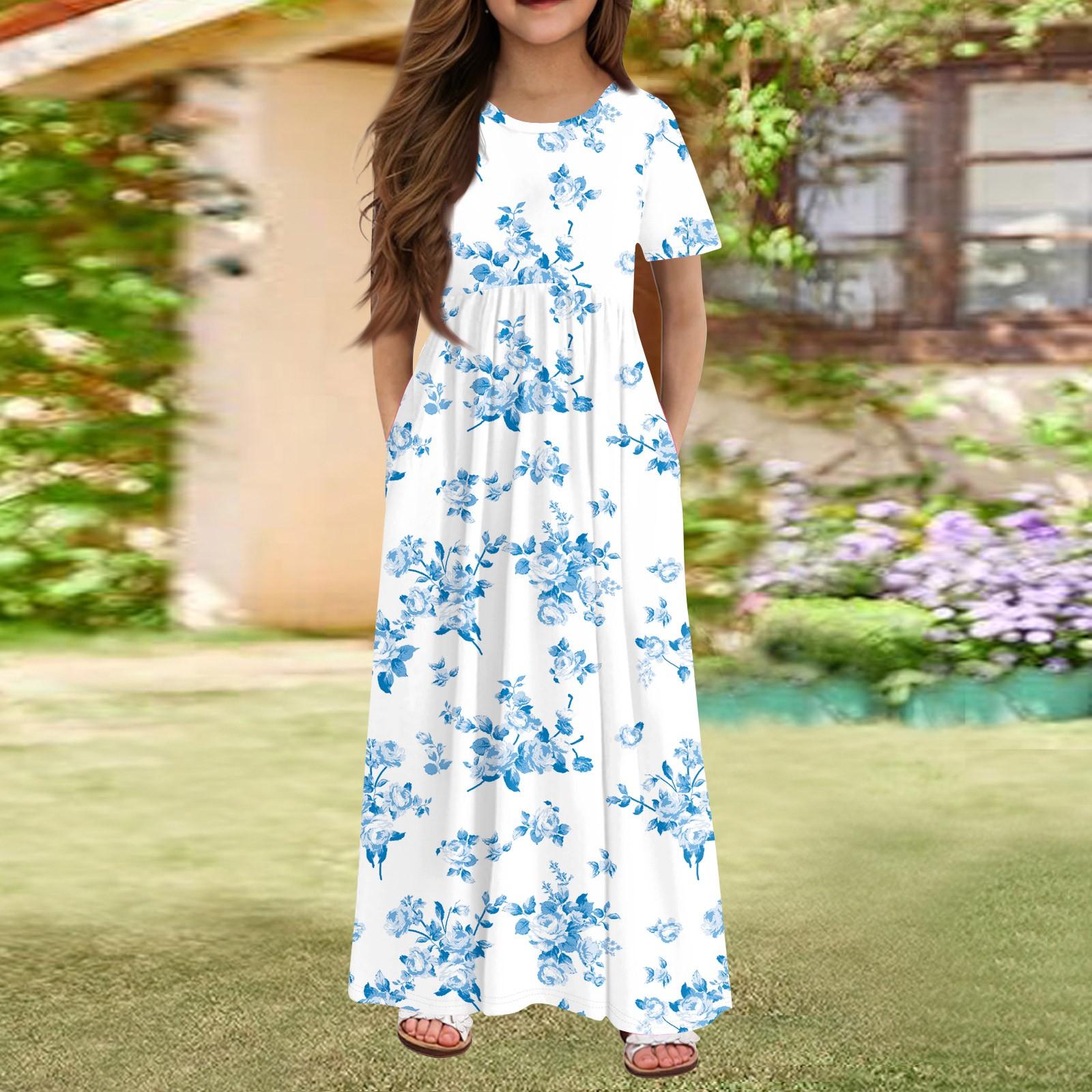 

Girls Long Summer Dress - Short Sleeve Pocket Maxi Dress For 4-14Y 140