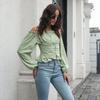 Off Shoulder Hot Style Front Straps Women Blouse Long Sleeve Slim Waist Pleated Short Top Elegant Casual Shirt New Solid Color Ruffled Clothng