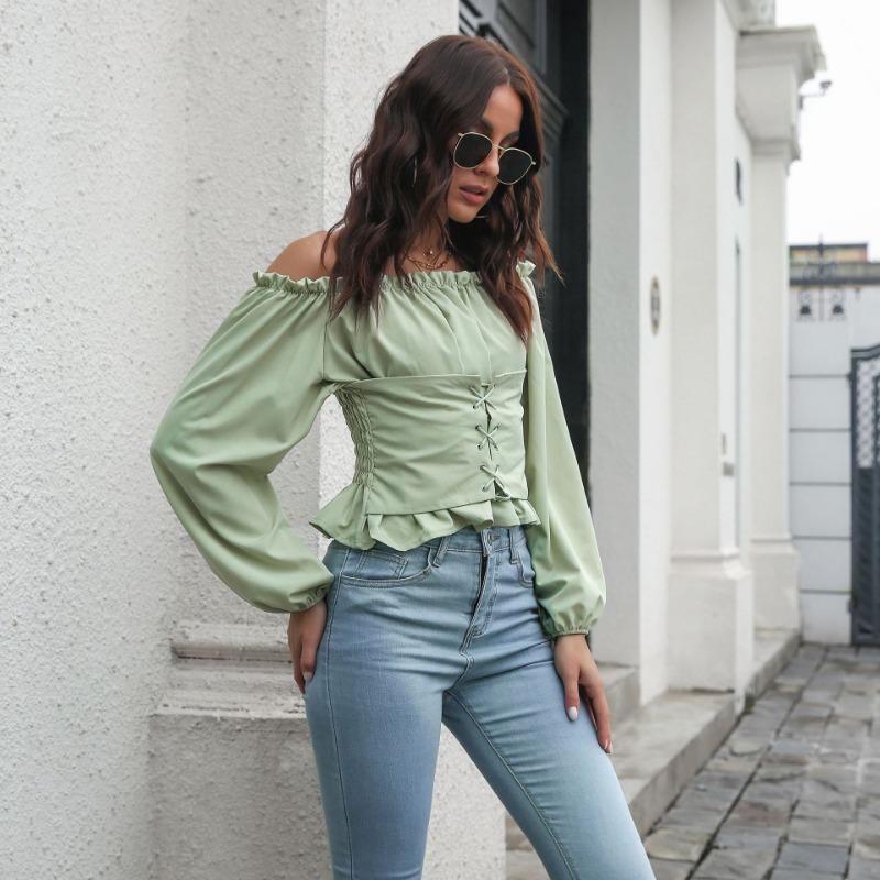 Off Shoulder Hot Style Front Straps Women Blouse Long Sleeve Slim Waist Pleated Short Top Elegant Casual Shirt New Solid Color Ruffled Clothng