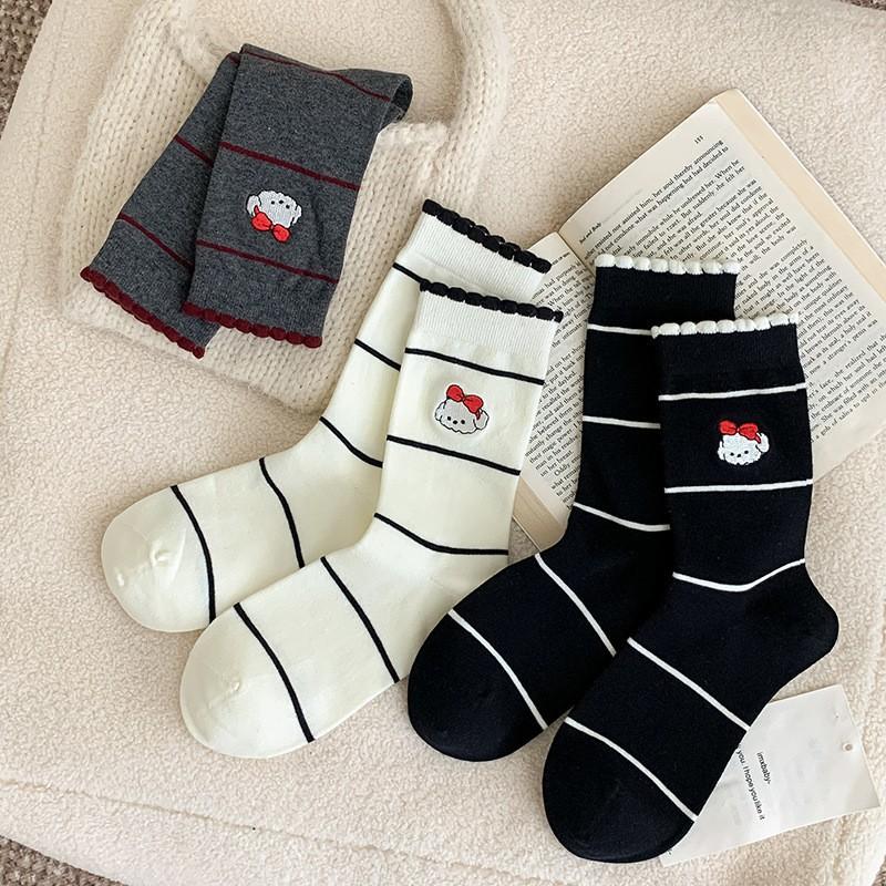 Socks Medium Tube Socks Season Cotton Embroidery Puppy Cute Cartoon Lace Bubble Mouth Striped Stacking Socks Women