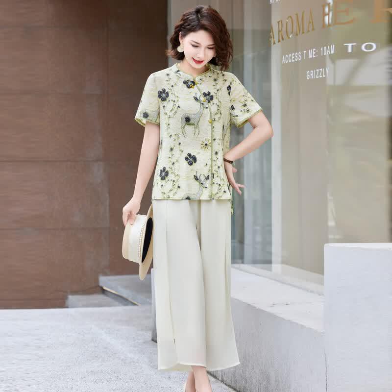 TUCANO Women's New Chinese Style Floral Blouse & Pants Set