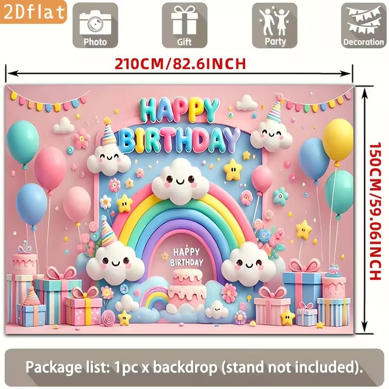 2D Cartoon Rainbow and Cloud Birthday Photo Booth Background Cloth