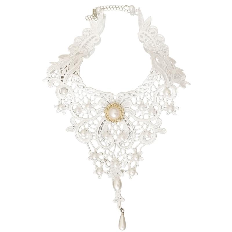 Adjustable Gothic Lace Collar for Women, Ornate White Neckwear with Gold-Tone Center Detail and a Long Drop Pendant for Halloween Cosplay