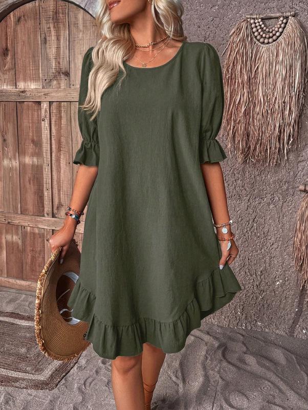 2025 Spring/Summer Women's Retro Cotton-Linen Mid-Sleeve Loose Swing Dress