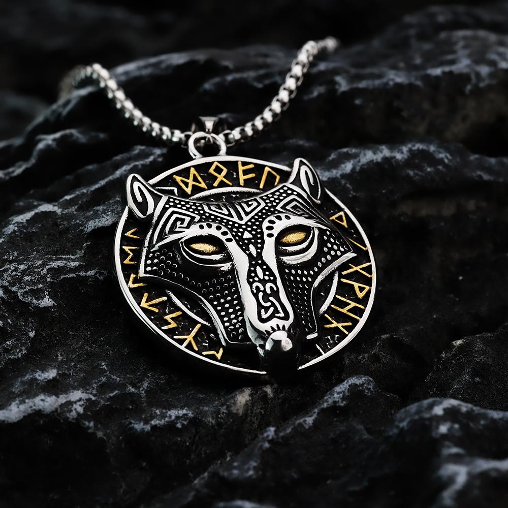 Viking Golden Wolf Head Odin Rune Pendant for Men s Street Personality Stainless Steel Pendant Necklace Jewelry