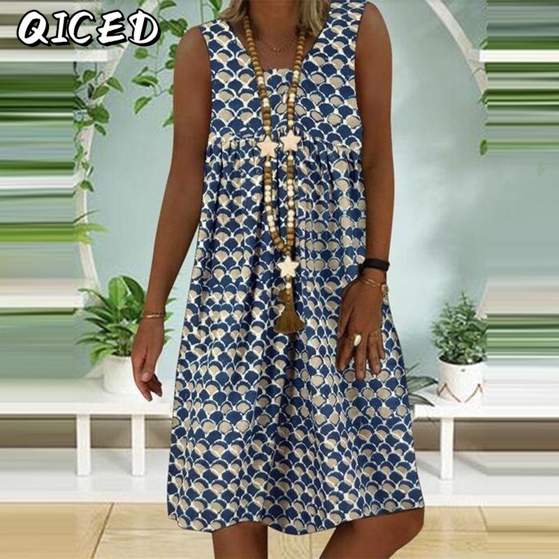 QICED Fashion Summer Spring Solid Color Print Sleeveless O-Neck Casual Dresses