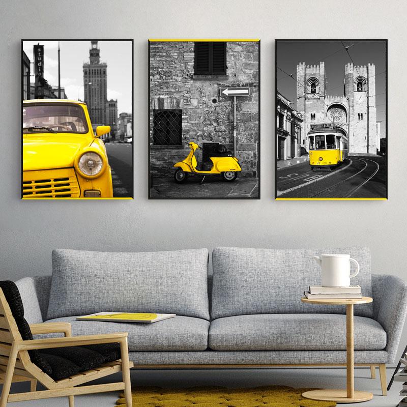 Canvas Painting,Historic Building Retro Yellow Car,Vintage Style,Office Home Decor Picture Painting, Festival Gift