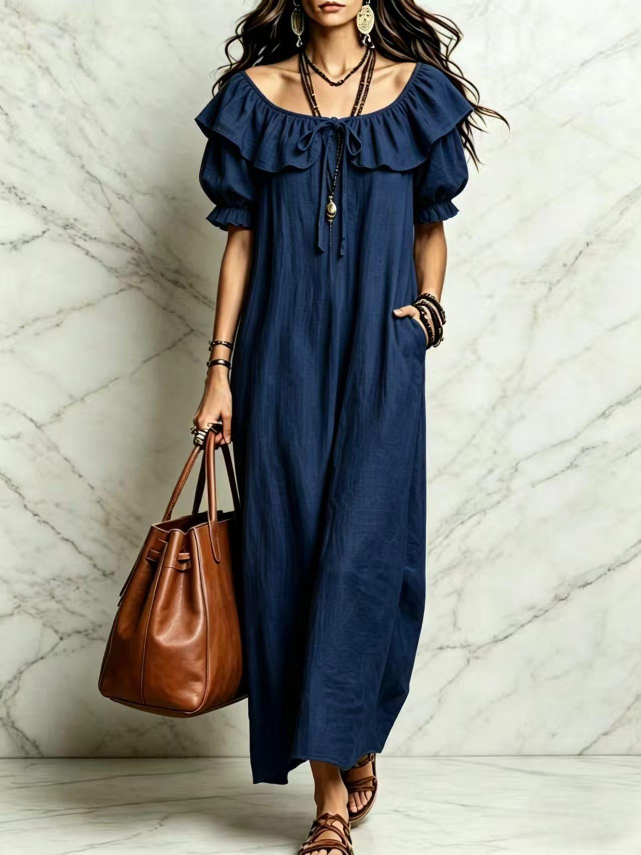 In the summer of 2026, the new round neck ruffle leaf edge casual temperament seaside vacation dress in Europe and America S
