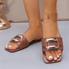 Women's New Plus Size Square Toe Flat Slide Sandals, Metal Buckle Casual Beach Slippers