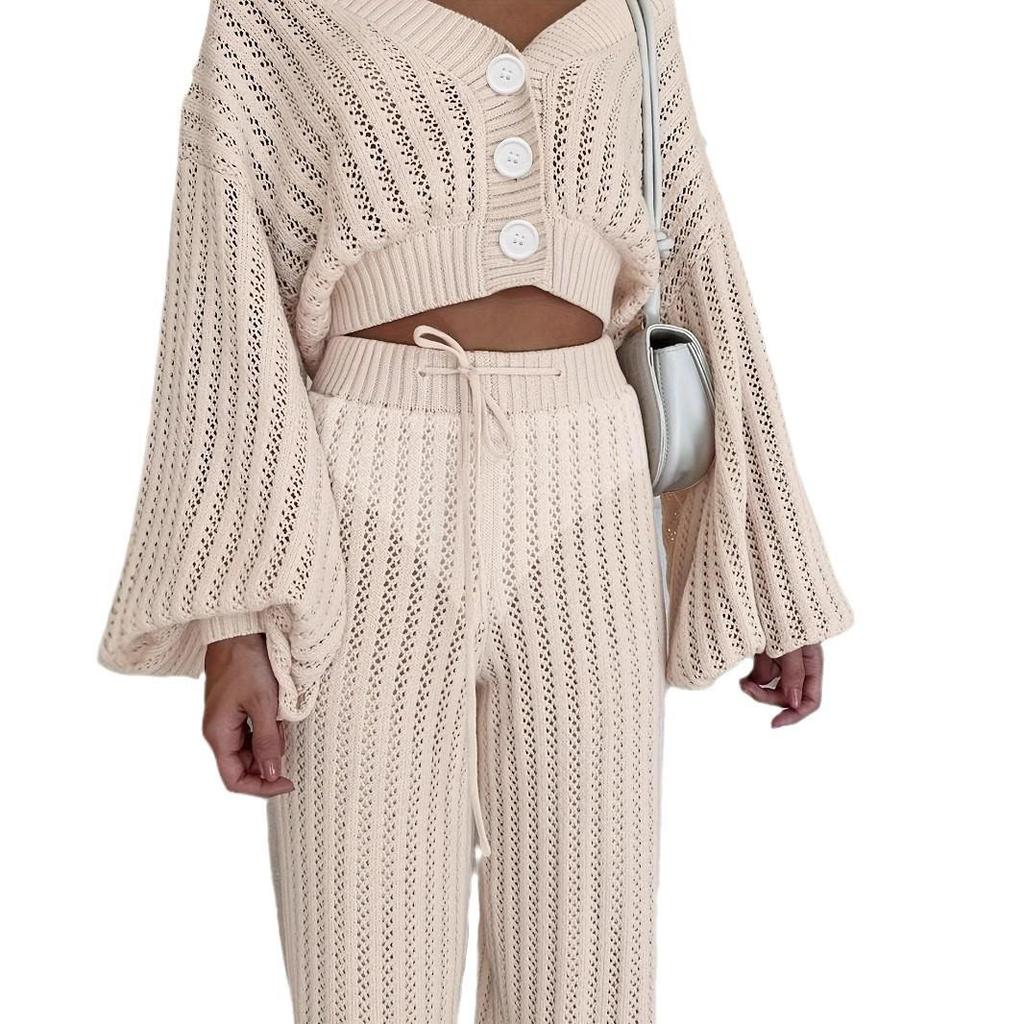Women's Casual Knit Set: Solid Cardigan & High Waist Joggers Two-Piece Sweater